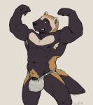  2018 anthro armpit_hair barely_contained biceps big_bulge big_muscles black_penis bulge claws clothed clothing digital_drawing_(artwork) digital_media_(artwork) flaccid flexing fur humanoid_penis jockstrap koorivlf looking_at_viewer male mammal mostly_nude muscular mustelid navel nipples pecs penis penis_outline pubes simple_background smile solo standing underwear wolverine 
