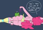  alligator anthro big_breasts big_butt breasts butt clothed clothing crocodilian digital_media_(artwork) duo earth_pony english_text equine female friendship_is_magic gummy_(mlp) horse hugtastic_pinkie_pie male mammal my_little_pony pinkie_pie_(mlp) pony reptile scalie somescrub text topless 