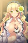  blonde_hair book bookshelf brave_girl_ravens breasts commentary elf flower green_eyes hair_flower hair_ornament index_finger_raised large_breasts library open_clothes open_shirt pointy_ears school_uniform shimakaze smile solo stephany_ferel sweatdrop tareme 