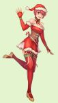  artist_name candy candy_cane elbow_gloves est fingerless_gloves fire_emblem fire_emblem:_monshou_no_nazo food full_body fur_trim gloves green_background hat highres leg_up nintendo open_mouth pink_hair pom_pom_(clothes) red_eyes red_gloves red_hat red_legwear santa_costume santa_hat short_hair simple_background spiffydc thighhighs zettai_ryouiki 