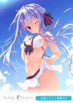  ;) bangs bikini bikini_skirt black_ribbon blue_sky breasts cleavage cowboy_shot day eyebrows_visible_through_hair floating_hair hair_between_eyes hair_ribbon highres long_hair medium_breasts miniskirt navel one_eye_closed outdoors purple_eyes red_ribbon ribbon ryouka_(suzuya) sideboob silver_hair skirt skirt_lift sky smile solo sorakado_ao standing summer_pockets sunlight swimsuit underboob very_long_hair white_bikini white_skirt 