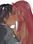  1boy 1girl black_hair blue_eyes blush commentary couple darling_in_the_franxx face-to-face fringe green_eyes hiro_(darling_in_the_franxx) horns long_hair looking_at_another military military_uniform oni_horns pink_hair red_horns rempeyekacang short_hair signature uniform zero_two_(darling_in_the_franxx) 