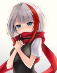  admiral_graf_spee_(azur_lane) azur_lane blue_eyes blush covering_mouth eyebrows_visible_through_hair gradient gradient_background grey_background looking_down multicolored_hair oshishio red_hair red_scarf scarf short_hair short_sleeves silver_hair solo two-tone_hair upper_body 