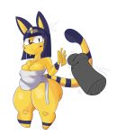  2018 animal_crossing ankha anthro belly big_butt biped breasts butt clothing digital_media_(artwork) dividedwreck egyptian female fur huge_hips male male/female nervous nintendo overweight penis simple_background sweat video_games voluptuous wide_hips yellow_fur 