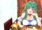  bare_shoulders blue_bra blush bra breast_rest breasts brick_wall cleavage closed_eyes collar collarbone commentary_request detached_sleeves eyebrows_visible_through_hair facing_viewer food frog_hair_ornament fule glass green_hair hair_between_eyes hair_ornament hair_ribbon hand_on_own_cheek indoors kochiya_sanae large_breasts lipstick makeup open_mouth pancake pointing ribbon sidelocks sitting solo table touhou tress_ribbon underwear white_ribbon 