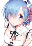  bangs blue_eyes blue_hair blunt_bangs blush breasts chestnut_mouth cleavage commentary_request frills hair_ornament hair_over_one_eye large_breasts looking_at_viewer maid open_mouth re:zero_kara_hajimeru_isekai_seikatsu rem_(re:zero) short_hair simple_background solo tears upper_body white_background x_hair_ornament yasuyuki 