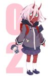  1girl backpack book commentary_request darling_in_the_franxx doll eyebrows_visible_through_hair eyes_visible_through_hair fringe green_eyes grey_jacket hiro_(darling_in_the_franxx) holding_doll hooded_jacket horns jacket lez lollipop long_hair oni_horns pink_hair purple_footwear purple_skirt red_horns red_skin shoes skirt socks solo white_legwear zero_two_(darling_in_the_franxx) 