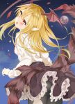  :d absurdres ass bangs bat_wings black_legwear black_skirt blonde_hair blush breasts brown_skirt brown_wings commentary_request eyebrows_visible_through_hair fang frilled_skirt frills full_moon granblue_fantasy hair_between_eyes head_tilt head_wings highres kamioka_shun'ya long_hair looking_at_viewer looking_back moon night night_sky open_mouth panties panties_under_pantyhose pantyhose petticoat pink_panties pointy_ears red_eyes shingeki_no_bahamut shirt shoe_soles shoes skirt sky small_breasts smile solo standing standing_on_one_leg star_(sky) starry_sky thighband_pantyhose underwear vampy very_long_hair white_footwear white_shirt wings 