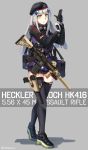  assault_rifle bag beret full_body german_flag girls_frontline gloves green_eyes gun hair_ornament handgun hat heckler_&amp;_koch highres hk416 hk416_(girls_frontline) holster holstered_weapon iron_cross long_hair ndtwofives pistol rifle simple_background solo suppressor thigh_holster thighhighs twitter_username weapon white_hair zettai_ryouiki 