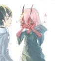  1boy 1girl 4hehe black_cloak black_hair blue_eyes cloak coat commentary couple darling_in_the_franxx fangs fringe fur_trim green_eyes grey_coat hands_on_own_face hiro_(darling_in_the_franxx) hooded_cloak horns long_hair looking_at_another oni_horns parka pink_hair red_horns red_pupils red_sclera red_skin short_hair winter_clothes winter_coat younger zero_two_(darling_in_the_franxx) 