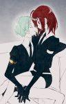  ahoge androgynous closed_eyes colored_eyelashes elbow_gloves face-to-face gem_uniform_(houseki_no_kuni) gloves golden_arms green_hair houseki_no_kuni interlocked_fingers k22968982 multiple_others necktie phosphophyllite red_eyes red_hair shinsha_(houseki_no_kuni) short_hair sitting sitting_on_lap sitting_on_person 