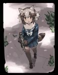  animal_ears bow bowtie brown_hair eyebrows_visible_through_hair from_above full_body fur_collar fur_trim gloves gun highres kemono_friends light_brown_hair long_sleeves minebea_pm-9 multicolored_hair omnisucker pantyhose pleated_skirt raccoon_ears raccoon_tail school_uniform serafuku short_hair skirt solo tail tanuki_(kemono_friends) weapon 