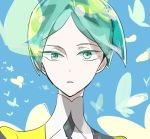  androgynous bad_id bad_twitter_id blue_background bug butterfly colored_eyelashes green_eyes green_hair houseki_no_kuni insect looking_at_viewer necktie phosphophyllite short_hair shumiko_(kamenokoueki) solo 
