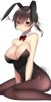  animal_ears bare_shoulders blush bow bowtie breasts brown_eyes brown_hair brown_legwear bunny_ears bunny_girl bunny_tail bunnysuit cleavage covered_navel detached_collar fake_animal_ears fake_tail highres kaga_(kantai_collection) kantai_collection large_breasts leotard looking_at_viewer onineko-chan pantyhose short_hair side_ponytail simple_background sitting solo squiggle strapless strapless_leotard sweat tail wariza white_background 