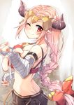  ;) aliza_(granblue_fantasy) bandaged_arm bandages blush bow braid breasts cleavage commentary_request draph granblue_fantasy hair_bow headpiece highres horns long_hair looking_at_viewer looking_to_the_side medium_breasts one_eye_closed oruto_(ort+) pink_hair pointy_ears red_bow red_eyes single_braid smile solo upper_body 
