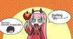  1girl apple commentary_request darling_in_the_franxx eyebrows_visible_through_hair fork fringe green_eyes hair_ornament hairband hiro_(darling_in_the_franxx) holding_fork horns long_hair military military_uniform necktie oni_horns orange_neckwear pink_hair red_horns solo speech_bubble uniform user_cvct8874 white_hairband zero_two_(darling_in_the_franxx) 