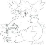  &lt;3 ambiguous_gender bunearyk confusion dialogue duo eyes_closed headband hug legendary_pok&eacute;mon mammal monochrome nintendo overweight pikachu pok&eacute;mon pok&eacute;mon_(species) rodent shaymin shaymin_(sky_form) sketch slightly_chubby smile text video_games 
