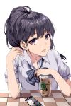  black_hair cellphone coffee_cup commentary cup disposable_cup highres lanzero long_hair looking_at_viewer original parted_lips phone ponytail purple_eyes purple_hair school_uniform serafuku smartphone solo 
