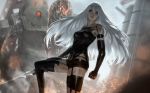  after_battle android black_gloves black_shorts clenched_hand commentary dirty elbow_gloves gloves long_hair looking_at_viewer machine_(nier) mole mole_under_mouth nier_(series) nier_automata raikoart robot_joints serious short_shorts shorts solo sword thighhighs weapon yorha_type_a_no._2 