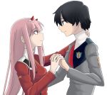  1boy 1girl black_hair blue_eyes commentary_request couple darling_in_the_franxx eyebrows_visible_through_hair fringe green_eyes hair_ornament hairband hand_holding hand_on_another&#039;s_neck hiro_(darling_in_the_franxx) horns long_hair looking_at_another military military_uniform necktie oni_horns orange_neckwear pink_hair red_horns red_neckwear short_hair to1130 uniform white_hairband zero_two_(darling_in_the_franxx) 
