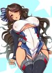  azur_lane black_panties bow breasts brooklyn_(azur_lane) brooklyn_(azur_lane)_(cosplay) brown_eyes brown_hair commentary_request cosplay covered_nipples dark_skin detached_sleeves eyebrows_visible_through_hair garter_straps hair_bow large_breasts long_hair looking_at_viewer mitsugi native_american open_mouth panties panty_pull pelvic_curtain simple_background solo south_dakota_(azur_lane) sweatdrop thighhighs underboob underwear very_long_hair 