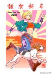  abs animal bare_shoulders blonde_hair blue_eyes blue_mary commentary_request crop_top dog fatal_fury gloves halter_top halterneck highres makeinu midriff muscle navel pants short_hair smile snk solo straight_hair the_king_of_fighters 
