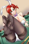  :d animal_ears ass bangs billiards blue_eyes blush boudica_(fate/grand_order) bow bowtie breasts bunny_ears bunny_girl bunnysuit cleavage collarbone commentary_request crotch_seam cue_stick detached_collar eyebrows eyebrows_visible_through_hair fate/grand_order fate_(series) feet highres holding_legs large_breasts legs leotard no_shoes open_mouth pantyhose ponytail purple_bow red_hair shirokuma_a sitting smile soles solo strapless strapless_leotard thighs toes white_leotard wrist_cuffs 