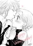  1girl blush box closed_eyes couple elizabeth_liones gift gift_box greyscale happy_valentine harumiya hetero holding holding_gift hug jewelry long_hair meliodas monochrome nanatsu_no_taizai pink_heart single_earring sweatdrop valentine 