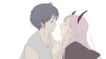 1boy 1girl black_cloak black_hair blush cloak commentary_request couple crying darling_in_the_franxx fang fringe hand_on_another&#039;s_face hetero hiro_(darling_in_the_franxx) hooded_cloak horns long_hair looking_at_another oni_horns parka pink_hair red_horns short_hair sleeveless sleeveless_shirt user_kdzd5347 zero_two_(darling_in_the_franxx) 