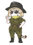  alternate_costume apocalypse_now aviator_sunglasses belt blush boots bracelet chibi commentary_request eyebrows_visible_through_hair full_body hat highres jaguar_(kemono_friends) jaguar_girl jaguar_print jaguar_tail jewelry kemono_friends long_sleeves multicolored_hair nenkou-san pouch short_hair simple_background solo sunglasses tail uniform white_background 