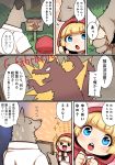  anthro big_bad_wolf blonde_hair blue_eyes blush canine child clothing comic duo female hair hand_holding human japanese_text kemono little_red_riding_hood little_red_riding_hood_(copyright) male mammal open_mouth outside sign smile sparkles sweat text translation_request wolf young ひつじロボ 