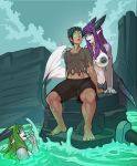  2018 big_breasts breasts clothed clothing comic detailed_background female glowing green_eyes group hair horn human humanoid long_hair lunate male mammal marine merfolk nipples nude open_mouth pants purple_hair pussy seaside shirt story story_in_description 