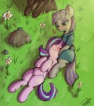  &lt;3 2018 absurd_res blush boulder_(mlp) clothed clothing cuddling cute duo earth_pony equine eyebrows eyelashes eyeshadow female female/female feral fiercedeitylynx flower friendship_is_magic grass hair half-closed_eyes hi_res hooves horn horse love lying makeup mammal maud_pie_(mlp) multicolored_hair my_little_pony navel nude on_back on_lap outside plant pony purple_hair rock shadow signature sitting smile starlight_glimmer_(mlp) teal_eyes tree two_tone_hair unicorn 