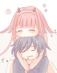  1boy 1girl black_hair blush commentary_request couple darling_in_the_franxx drooling eyes_closed fringe hair_ornament hairband hand_on_another&#039;s_arm hetero hiro_(darling_in_the_franxx) horns hug_from_behind long_hair mizoten4869 oni_horns pink_hair red_horns short_hair white_hairband zero_two_(darling_in_the_franxx) 