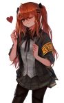  ;3 ahoge armband bangs black_legwear breasts contrapposto cowboy_shot dokomon eyebrows_visible_through_hair girls_frontline hair_between_eyes hair_ornament hair_ribbon hairclip heart heart-shaped_pupils jacket long_hair looking_at_viewer medium_breasts neck_ribbon one_eye_closed orange_eyes orange_hair pantyhose pleated_skirt pointing pointing_at_self ribbon scar scar_across_eye simple_background skirt smile solo standing symbol-shaped_pupils thigh_strap twintails ump9_(girls_frontline) white_background 