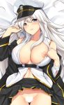  ass_visible_through_thighs azur_lane bad_id bad_pixiv_id bed_sheet belt black_coat blush breasts censored collarbone cowboy_shot dakimakura enterprise_(azur_lane) hair_between_eyes hat heart heart_censor large_breasts long_hair looking_at_viewer nipples no_bra no_panties parted_lips peaked_cap purple_eyes skirt skirt_lift solo thigh_gap tony_guisado very_long_hair white_hair 