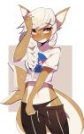  blush braided_hair breasts clothing fangs female fish fredek666 hair hybrid marine mostly_clothed panties shark small_breasts solo sweatpants underwear white_hair 