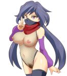  1girl ayame_(gundam_build_divers) bangs black_hair breasts elbow_gloves face_mask fishnet_bodysuit gloves gundam gundam_build_divers highres japanese_clothes large_breasts long_hair looking_at_viewer mask ninja nipples ponytail pubic_hair purple_eyes scarf solo thighhighs tof 