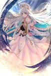  amksaoi anastasia_(fate/grand_order) blue_cloak blue_eyes commentary_request crown doll dress fate/grand_order fate_(series) fur-trimmed_cloak hair_ornament highres long_hair looking_at_viewer mini_crown pixiv_fate/grand_order_contest_2 royal_robe silver_hair solo white_dress 