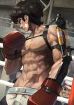  abs bandages black_hair boxing_gloves eyepatch facial_hair highres indoors jhc_kai joe_(megalo_box) looking_to_the_side male_focus megalo_box middle_finger multiple_boys muscle mustache nanbu_gansatsu navel scar shorts sideburns 