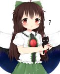  :o ? ahoge antidote bird_wings blouse blush bow breasts brown_hair cape cat cowboy_shot eyebrows_visible_through_hair feathered_wings green_skirt hair_between_eyes hair_bow holding holding_cat kaenbyou_rin kaenbyou_rin_(cat) long_hair looking_at_viewer puffy_short_sleeves puffy_sleeves red_eyes reiuji_utsuho short_sleeves simple_background skirt small_breasts solo space_print starry_sky_print third_eye touhou white_background white_blouse wings 