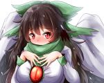  bird_wings black_hair black_wings blush bow breasts cape eyeball green_bow hair_bow highres large_breasts long_hair looking_at_viewer oshiaki red_eyes reiuji_utsuho scarf solo third_eye touhou wings 