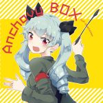  :d anchovy anzio_military_uniform arm_up back bangs belt black_ribbon character_name commentary drill_hair english eyebrows_visible_through_hair from_behind girls_und_panzer green_hair grey_jacket hair_ribbon highres holding jacket long_hair looking_at_viewer looking_back military military_uniform open_mouth red_eyes ribbon riding_crop sam_browne_belt smile solo twin_drills twintails uniform upper_body yellow_background zarameru_(tsukumo) 