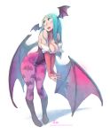  absurdres animal_print bare_shoulders bat_print blush breasts cleavage demon_girl full_body green_hair hands_together head_wings highres large_breasts leotard long_hair looking_up morrigan_aensland open_mouth pantyhose print_legwear simple_background solo standing succubus v_arms vampire_(game) watermark web_address white_background wings xavier_houssin 