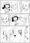  3girls :d ^_^ animal_ears bangs blush bow bowtie closed_eyes closed_mouth comic common_raccoon_(kemono_friends) day elbow_gloves eyebrows_visible_through_hair fennec_(kemono_friends) fox_ears fox_girl fox_tail gloves greyscale hair_between_eyes hand_puppet hat_feather heart helmet highres kaban_(kemono_friends) kemono_friends makuran monochrome multiple_girls open_mouth outdoors pith_helmet pleated_skirt print_gloves print_neckwear print_skirt puffy_short_sleeves puffy_sleeves puppet raccoon_ears raccoon_tail serval_(kemono_friends) serval_ears serval_print serval_tail shirt short_shorts short_sleeves shorts skirt sleeveless sleeveless_shirt smile striped_tail tail translation_request tree 