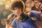 arm_up brown_eyes brown_hair chris_(kof) earrings jewelry kerokeroyeah male_focus microphone necklace short_hair shota smile solo sparkle the_king_of_fighters 