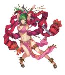  anklet armpits arms_up bangs bare_shoulders bow breasts cleavage closed_mouth dancer fire_emblem fire_emblem:_seisen_no_keifu fire_emblem_heroes full_body green_eyes hair_bow highres holding holding_sword holding_weapon jewelry leen_(fire_emblem) long_hair medium_breasts midriff official_art pelvic_curtain ponytail reverse_grip sandals sidelocks sleeveless solo sword thigh_strap transparent_background weapon yoshiku_(oden-usagi) 