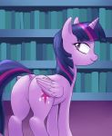  2018 absurd_res bedroom_eyes book butt clarion cutie_mark digital_media_(artwork) dock equine feathered_wings feathers featureless_crotch female feral folded_wings friendship_is_magic fur hair half-closed_eyes hi_res horn inside inviting library looking_at_viewer looking_back mammal multicolored_hair my_little_pony princess purple_eyes purple_feathers purple_fur raised_tail royalty seductive smile solo solo_focus twilight_sparkle_(mlp) winged_unicorn wings 
