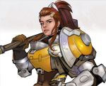  brigitte_(overwatch) brown_eyes brown_hair eyebrows freckles hair_ornament hairclip hand_on_hip long_hair mace mistermagnolia nose over_shoulder overwatch ponytail power_armor solo upper_body weapon weapon_over_shoulder 