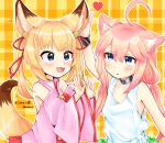  :3 :d ahoge animal_ear_fluff animal_ears arm_up bell blonde_hair blue_eyes cat_ears choker choko_omochi commentary_request crossover detached_sleeves fang fingernails fox_ears fox_tail hair_bobbles hair_ornament hand_on_another's_ear highres hinata_channel japanese_clothes jingle_bell kemomimi_oukoku_kokuei_housou long_hair low_twintails miko mikoko_(kemomimi_oukoku_kokuei_housou) miniskirt multiple_girls nekomiya_hinata open_mouth petting pink_hair pink_shirt red_skirt ribbon shirt skirt smile tail twintails upper_body vest virtual_youtuber white_vest 